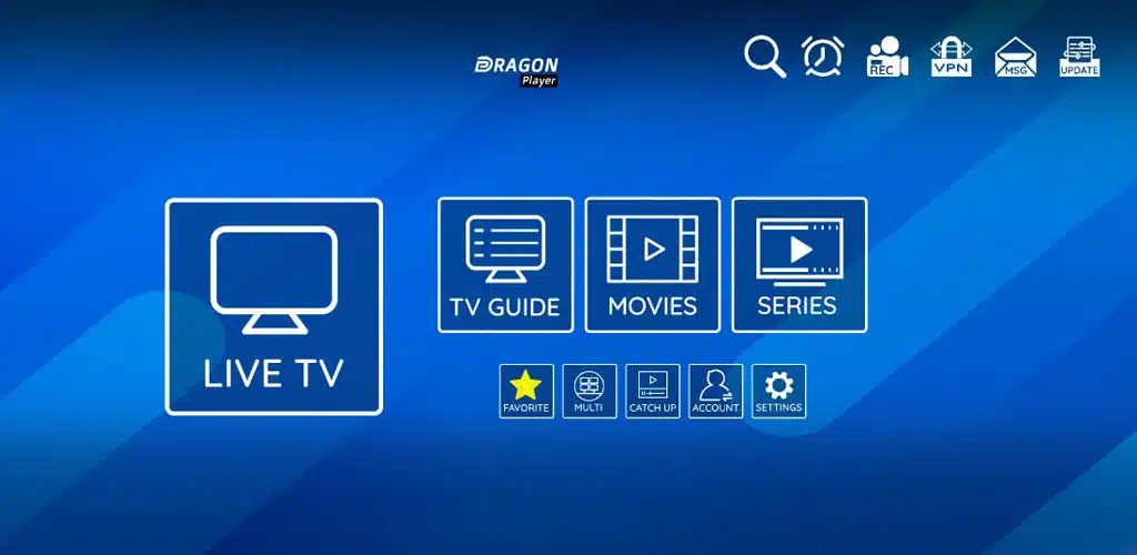 Interface Dragon Player IPTV 2026 — Live TV, Movies, Series sur Android TV