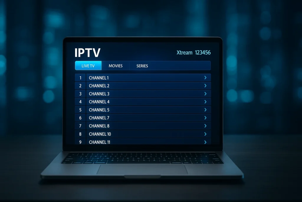 Interface de générateur de code Xtream IPTV sur PC portable avec ambiance technologique moderne