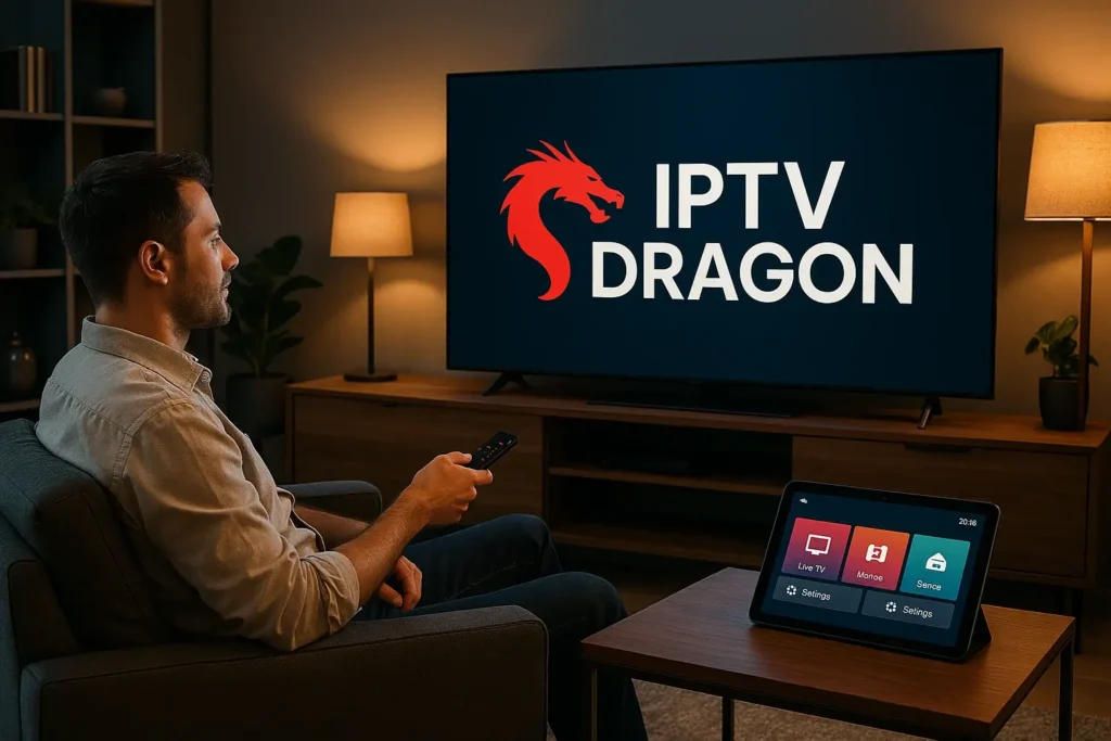 Utilisation du code xtream iptv smarters avec IPTV DRAGON sur télévision 4K dans un salon moderne