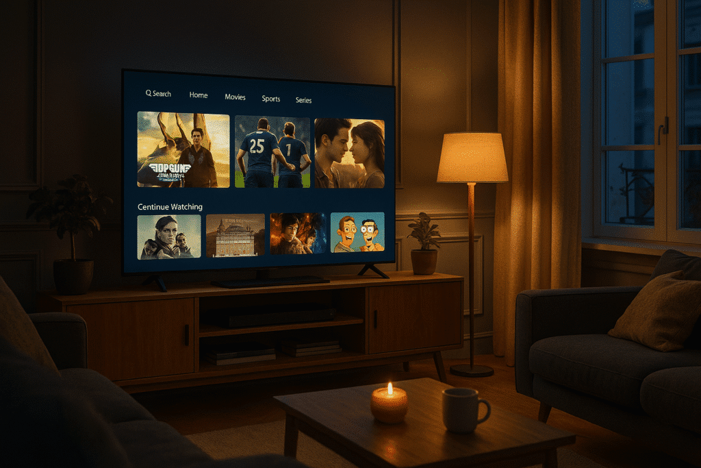 Regarder la télé avec un abonnement xtream iptv dans un salon moderne en France