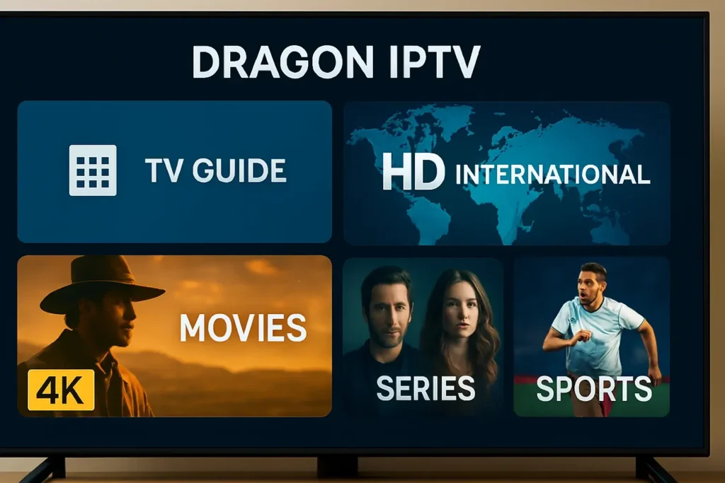 Interface DRAGON IPTV pour acheter code IPTV avec films, séries et chaînes sportives en qualité 4K