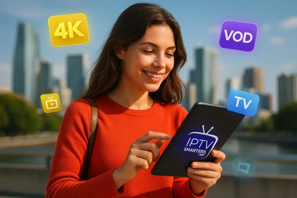Femme utilisant IPTV Smarters avec un code iptv smarters pro gratuit sur tablette pendant un voyage 2025