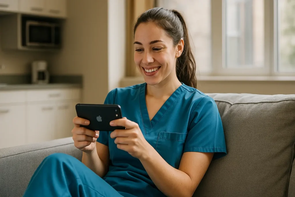 Claire utilise son abonnement IPTV Android iOS pendant ses pauses au travail