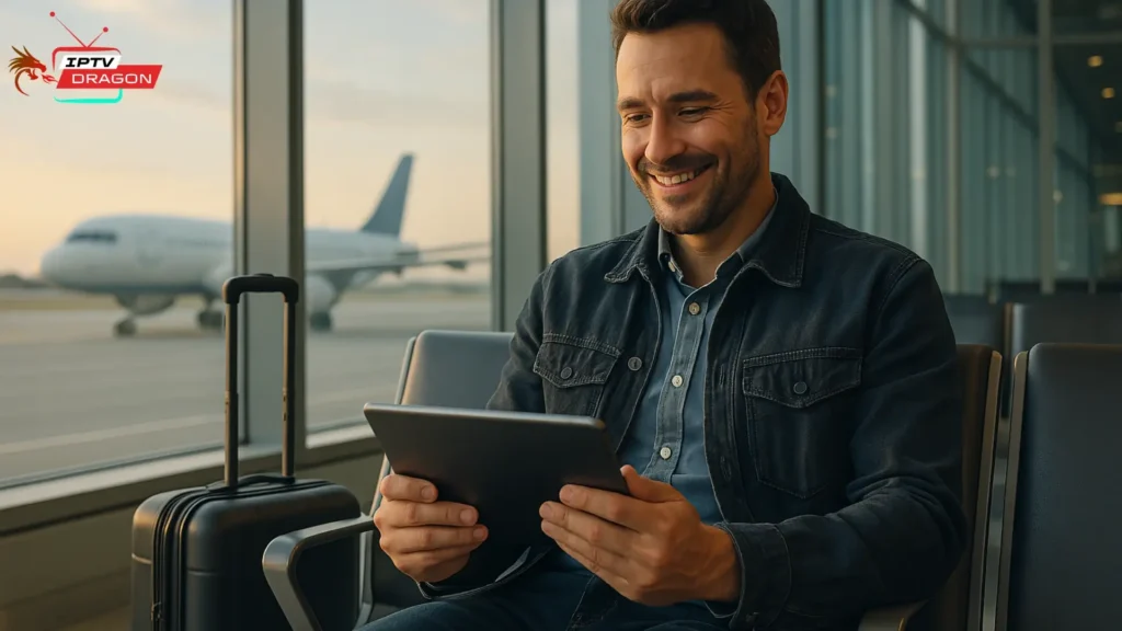 Voyageur profitant de son abonnement IPTV Android iOS sur tablette en déplacement