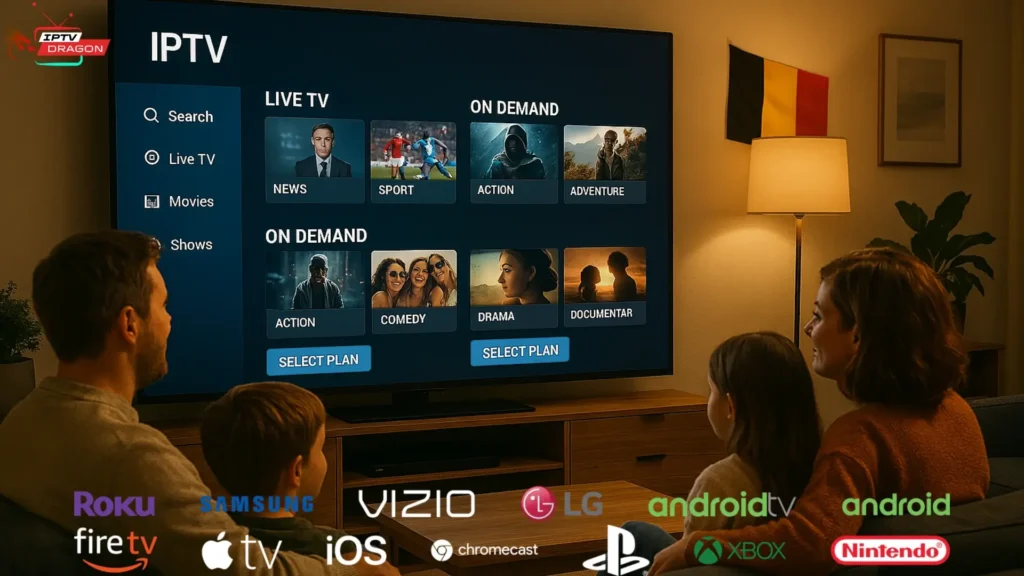 iptv belgique sur smart tv moderne dans un salon familial en Belgique

