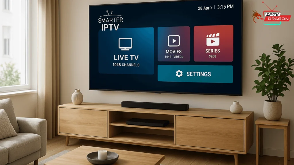 Interface de l’application smarter sur un grand écran TV moderne – meilleures applis IPTV 2025

