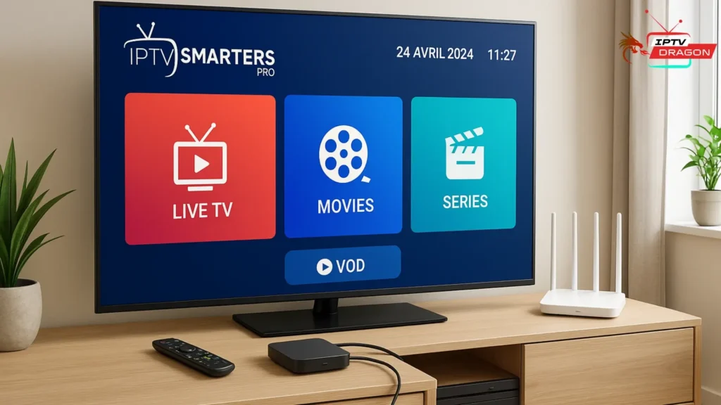 Interface IPTV Smarters Pro affichée sur une Smart TV pour un abonnement IPTV Smarters moderne.

