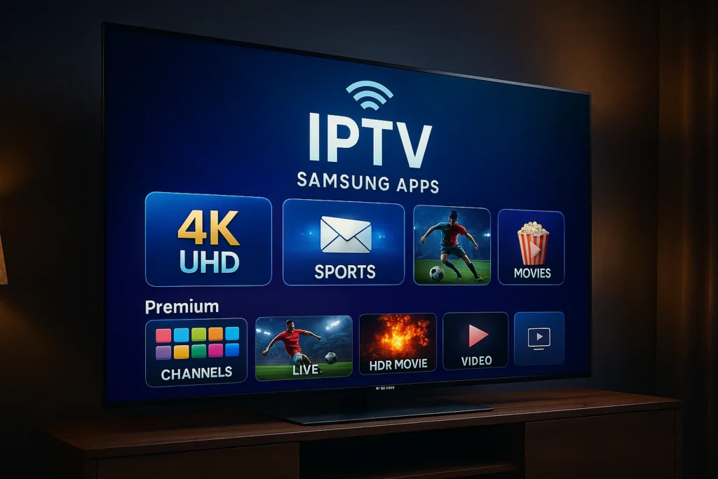 IPTV Samsung Apps affiché sur une Smart TV Samsung avec interface 4K et chaînes premium