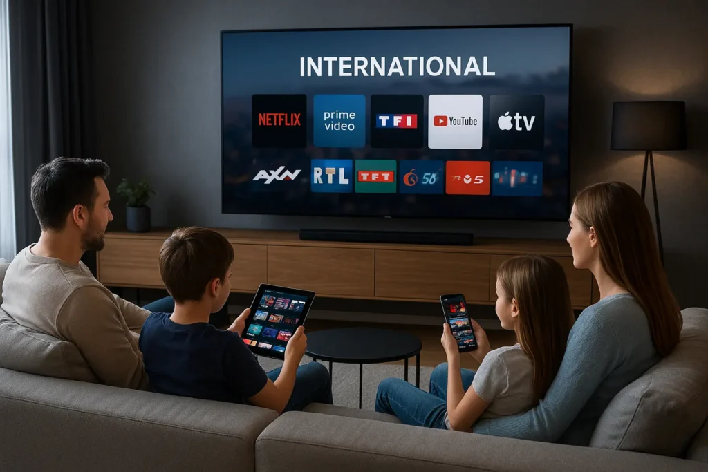 Famille utilisant abonnements iptv Dragon IPTV sur télévision internet 4K et appareils multiples - meilleur abonnement iptv 2025