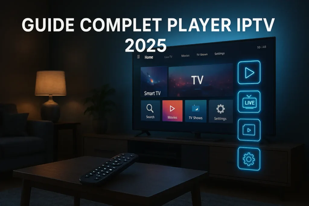 Player IPTV 2025 sur Smart TV moderne avec interface de streaming