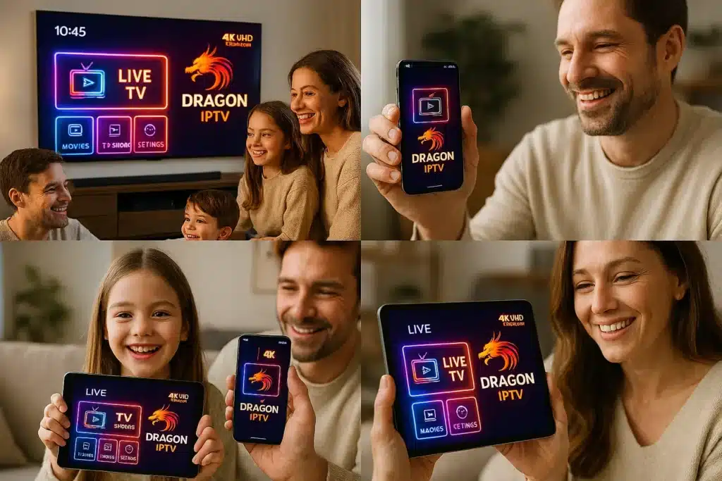 Famille utilisant l’abonnement IPTV VIP multi-écrans avec Dragon IPTV