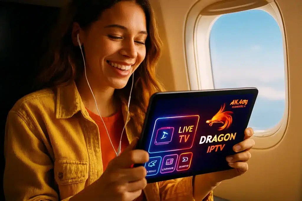 Voyageuse utilisant son abonnement IPTV VIP en voyage avec Dragon IPTV