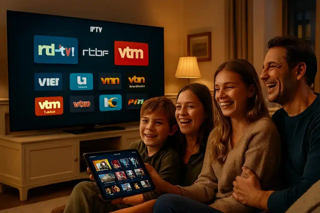 IPTV RTBF et streaming VTM - Famille regardant chaînes belges streaming en qualité 4K