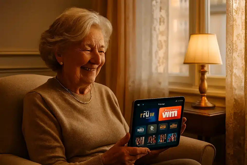 IPTV Belgium témoignage client - Utilisatrice satisfaite regardant iptv francophone sur tablette