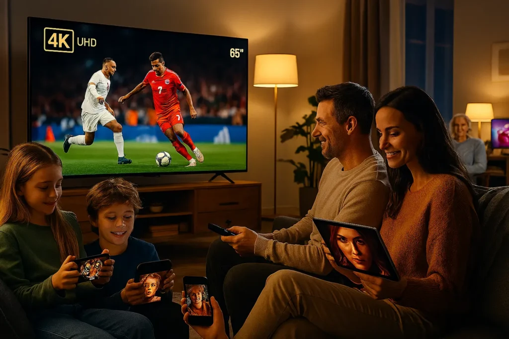 Famille utilisant abonnement IPTV premium multi-écrans qualité ultra HD streaming