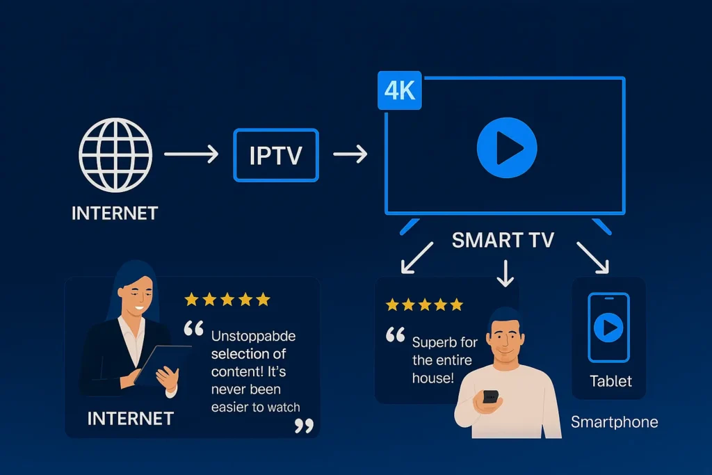 Schéma technique télévision internet IPTV - streaming tv vers box iptv et appareils connectés en qualité iptv 4k