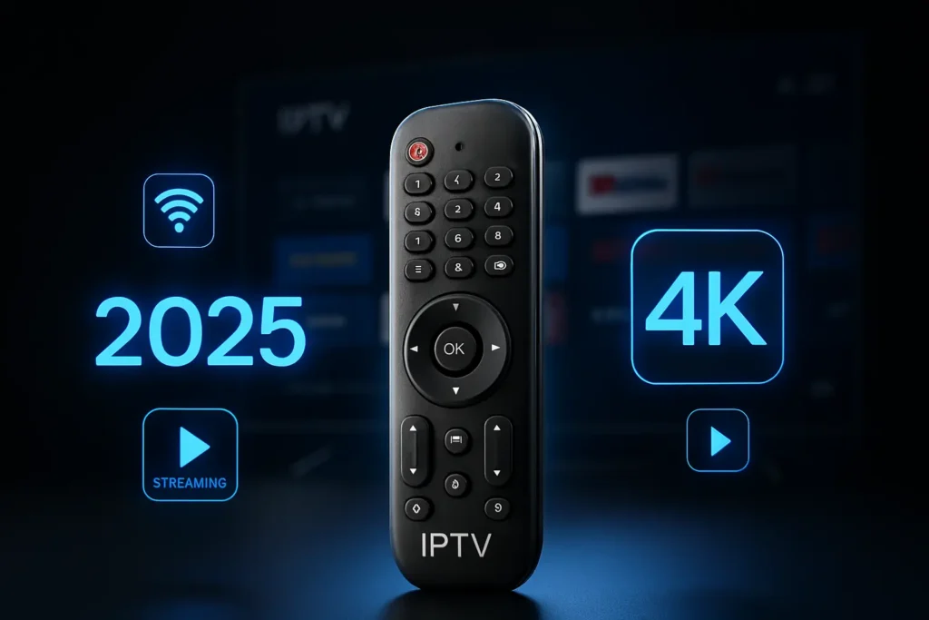 Télécommande IPTV 4K moderne 2025 avec navigation streaming premium et qualité ultra haute définition