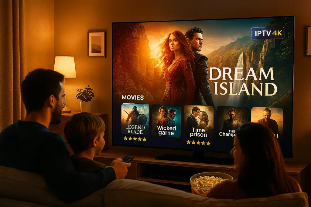 meilleurs films iptv en 4K sur grand écran avec interface moderne et famille regardant film sur iptv à regarder en famille