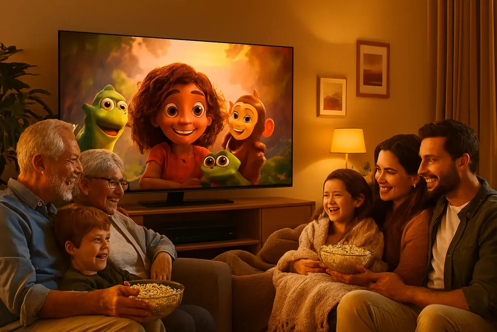 famille regardant ensemble film sur iptv à regarder en famille dans salon confortable avec écran 4K