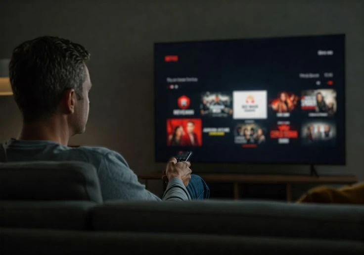 Famille heureuse assise dans un salon moderne regardant une série en iptv catch up sur une grande télévision 4K.