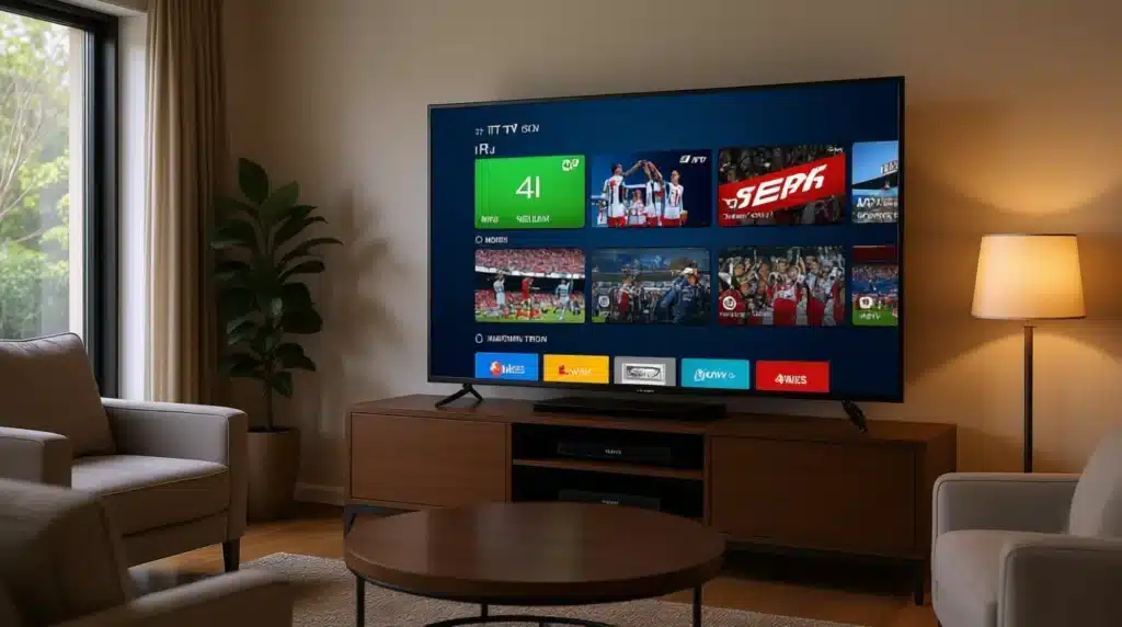 Premium IPTV sur grand écran 4K, montrant un contenu varié et des chaînes internationales pour un abonnement iptv premium.