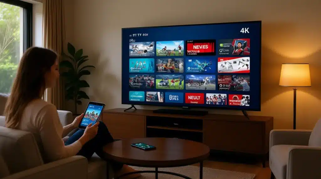 Utilisateur regardant des films et sports en 4K avec abonnement premium iptv, illustrant un iptv abonnement premium.