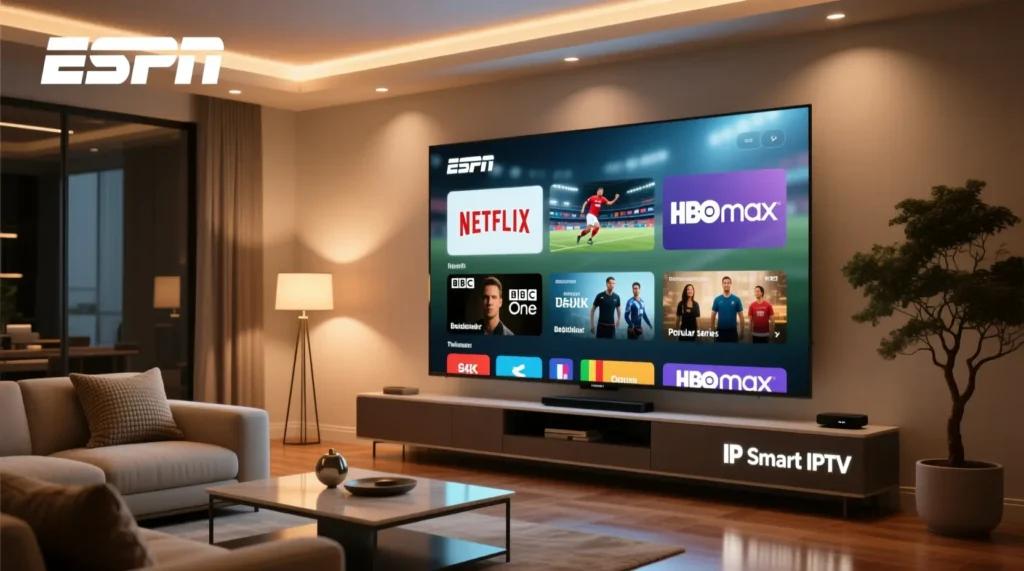 IP Smart IPTV sur grand écran 4K, montrant chaînes internationales et films pour un abonnement ip smart iptv premium.