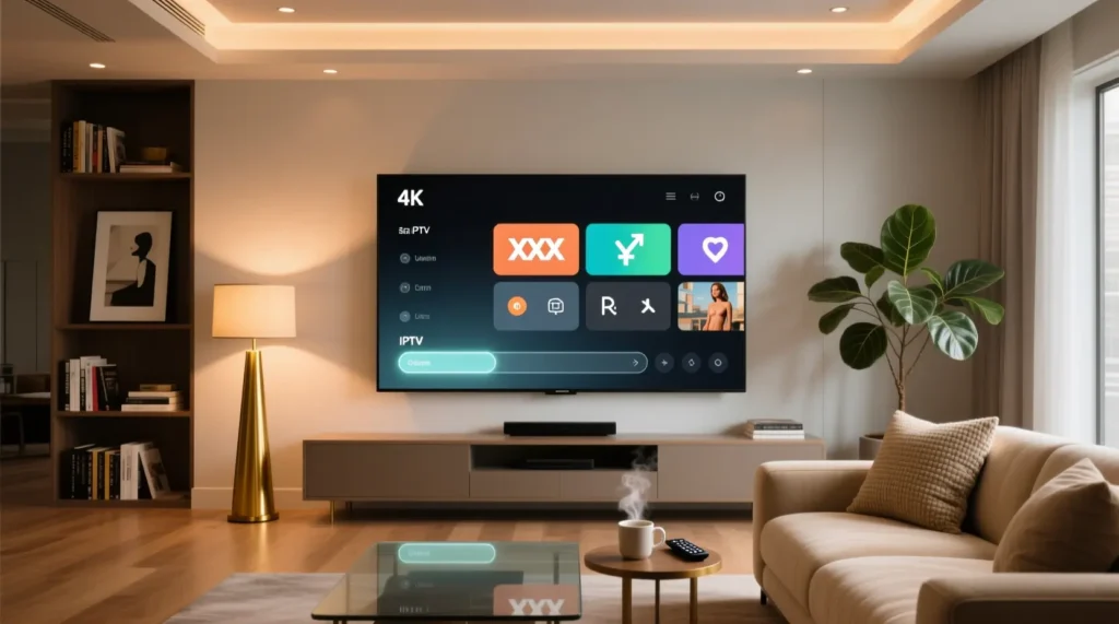 IPTV adulte sur grand écran 4K, montrant chaînes internationales et contenu adulte optionnel pour abonnement iptv adulte.