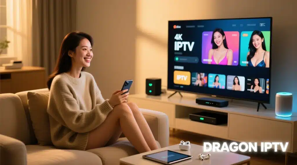 Utilisateur satisfaite profitant d’un iptv adulte sur TV, tablette et smartphone avec chaines adulte iptv et contenu sécurisé.