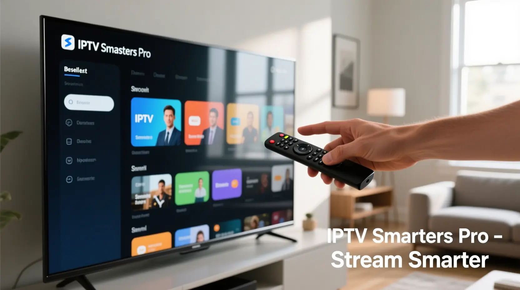 Interface simple d’abonnement iptv smart tv via IPTV Smarters Pro sur écran Smart TV.