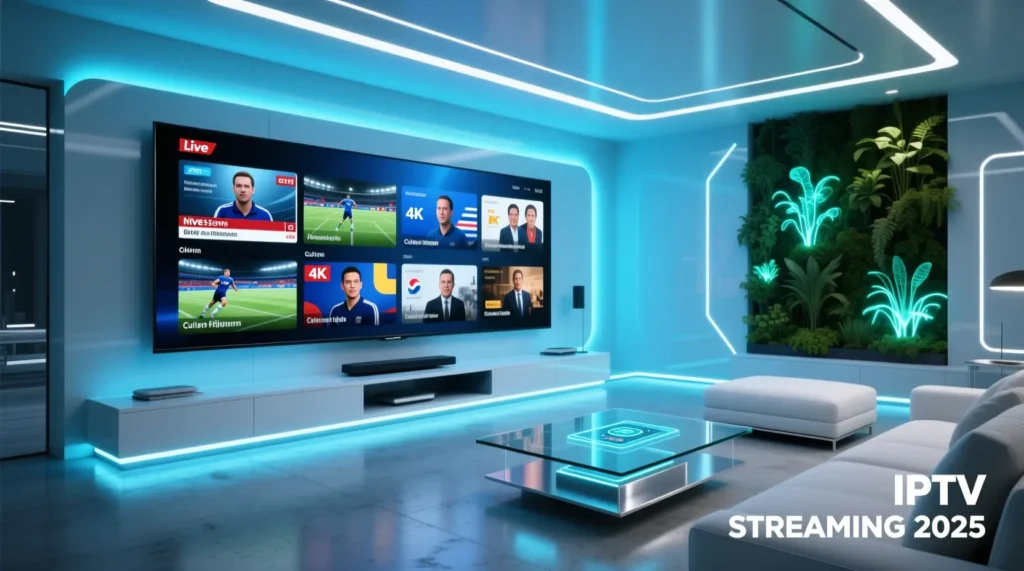 Vue moderne d’un salon connecté illustrant les codes IPTV gratuits 2025 en qualité 4K.