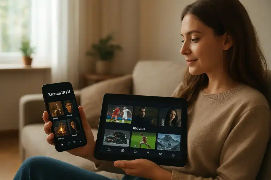 Eva Nicolas utilisant Xtream IPTV sur smartphone et tablette, regardant films et séries via application Xtream IPTV.