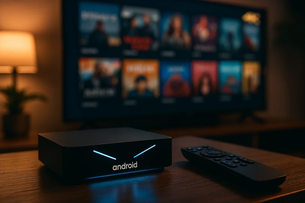 Meilleure box IPTV 4K 2025 avec télécommande dans salon moderne pour streaming premium