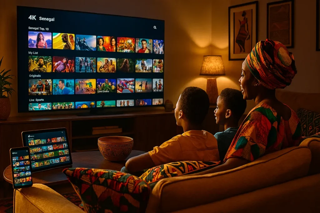 Meilleur IPTV Sénégal - Famille sénégalaise profitant d'un abonnement IPTV 4K sur smart TV et appareils mobiles