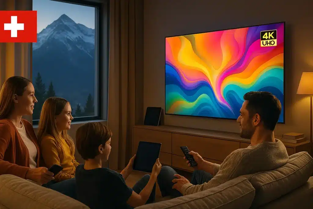 IPTV Suisse 2025 - Famille suisse profitant de l'abonnement IPTV premium 4K sur écran et appareils multiples