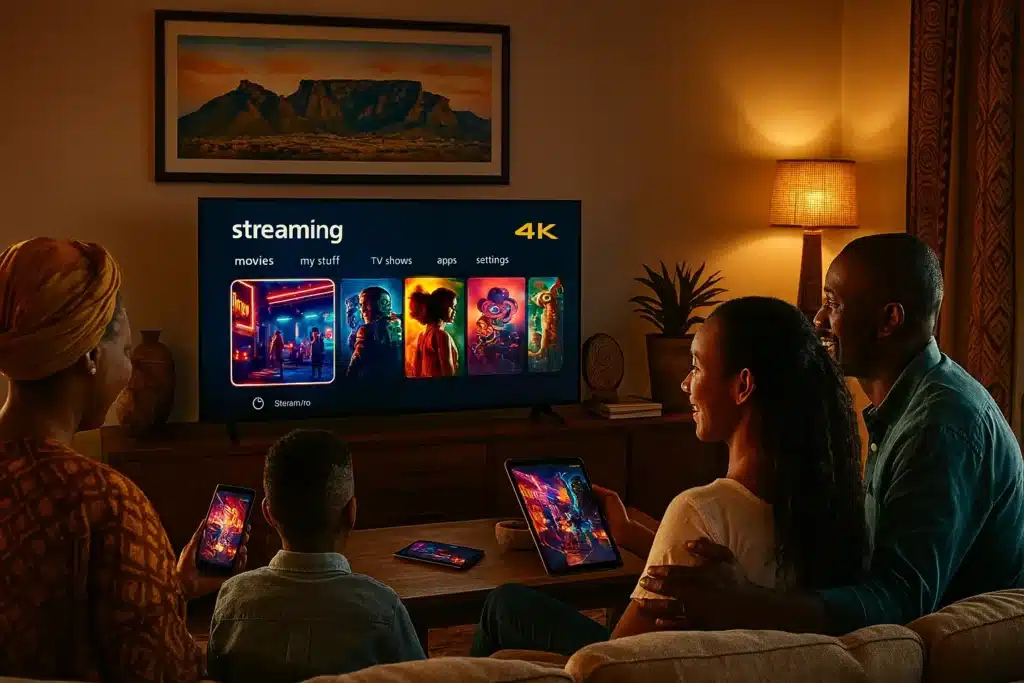 IPTV South Africa 2025 - Famille sud-africaine profitant du streaming exclusif premium sur Smart TV 4K avec accès multi-appareils