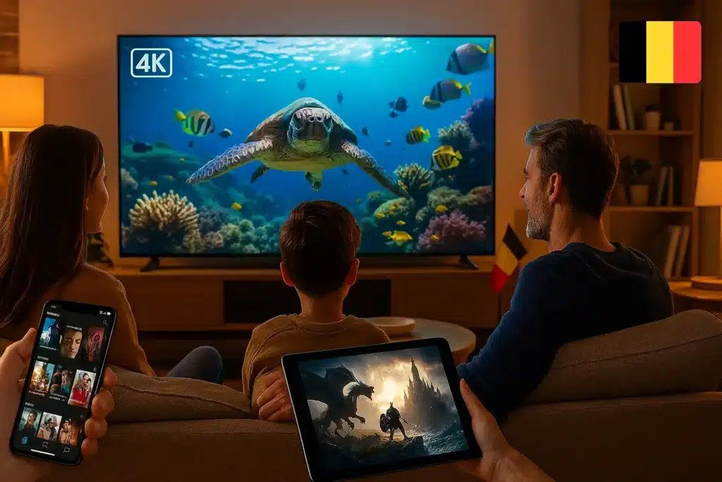 IPTV Belgique 2025 - Famille belge profitant d'un abonnement IPTV premium 4K sur multiples appareils dans salon moderne