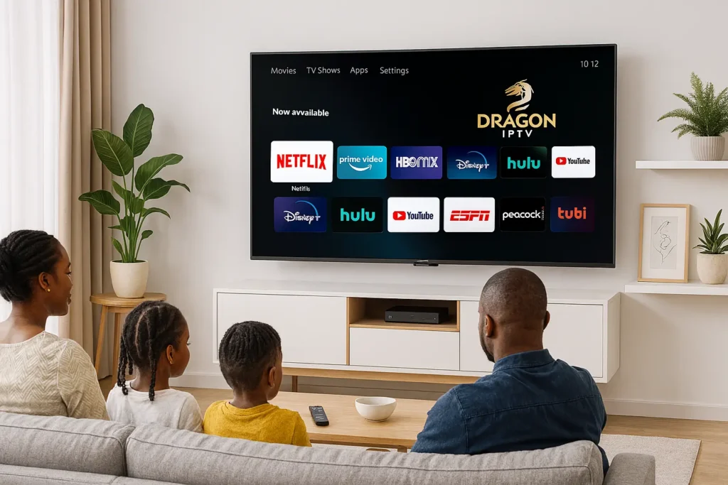 Famille regardant la télévision 4K avec un abonnement IPTV au Cameroun via DRAGON IPTV 2025.