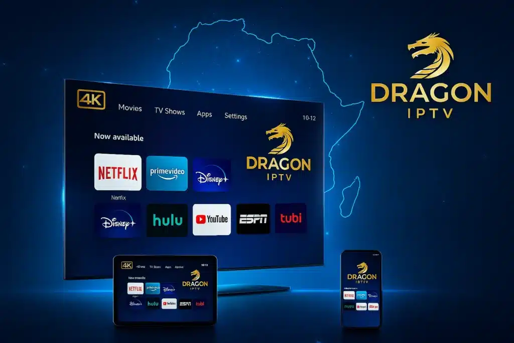 Interface IPTV premium 4K multi-écrans de DRAGON IPTV, meilleur abonnement IPTV Cameroun.