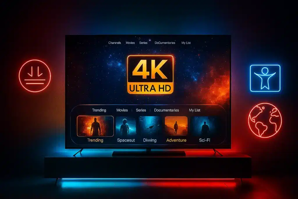 Illustration du service OTT 2025 et de la qualité TV 4K du premium ott
