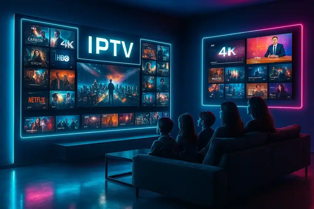 Salon moderne 2025 avec IPTV multi écran 4K, famille profitant d’un abonnement IPTV premium