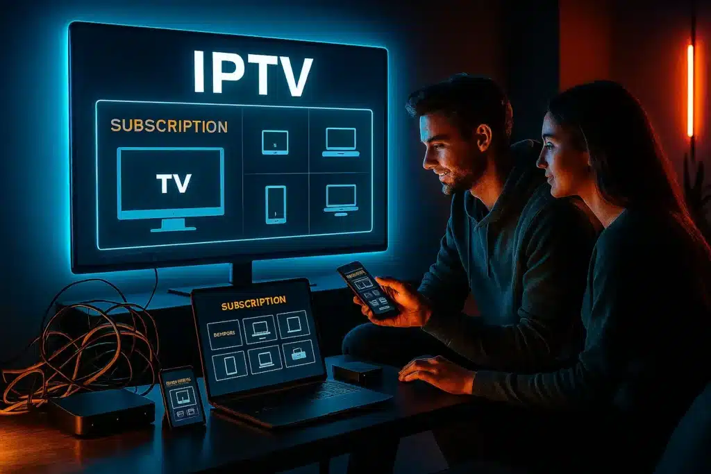 Couple configurant leur abonnement IPTV multi devices en 2025