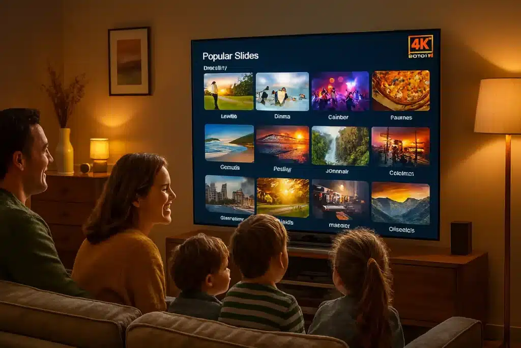 Test IPTV Dragon - Famille profitant du service de streaming 4K dans un salon moderne