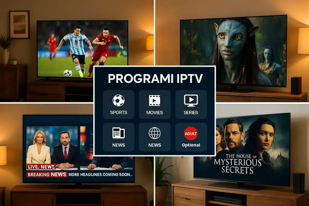 Abonnement ip smart iptv premium avec chaînes variées, films, séries et contenu optionnel, illustrant iptv smart tv.