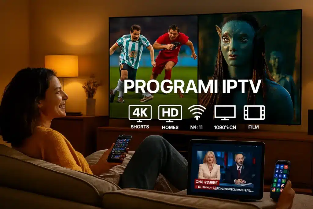 Utilisateur regardant films et sports avec ip smart iptv 2025 sur TV, tablette et smartphone pour iptv smart iptv premium.