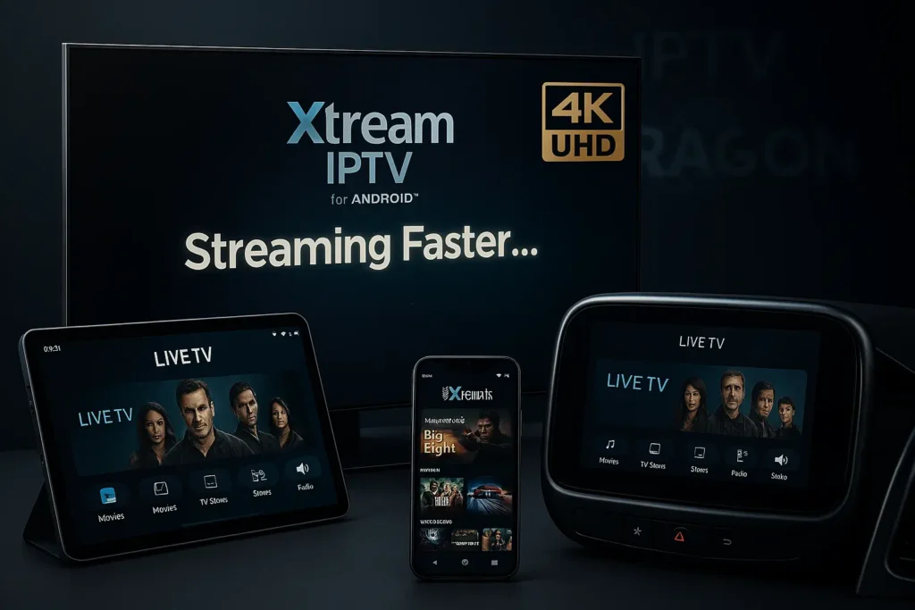 Contenu en streaming sur plusieurs appareils via Xtream IPTV sur Android avec IPTV DRAGON, qualité 4K UHD.