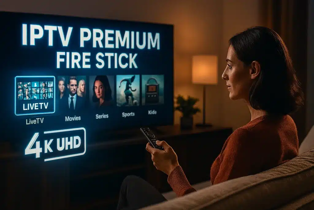 Eva Nicolas utilisant IPTV premium fire stick sur Fire Stick Amazon dans son salon moderne