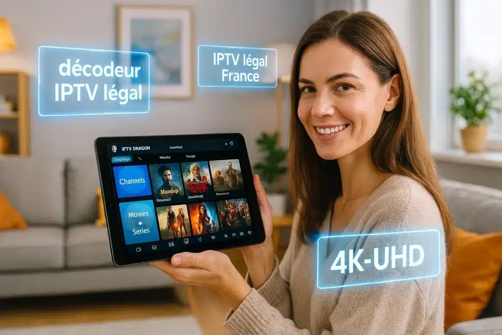 Eva Nicolas utilisant un décodeur IPTV légal pour regarder IPTV légal France sur sa tablette avec interface DRAGON IPTV