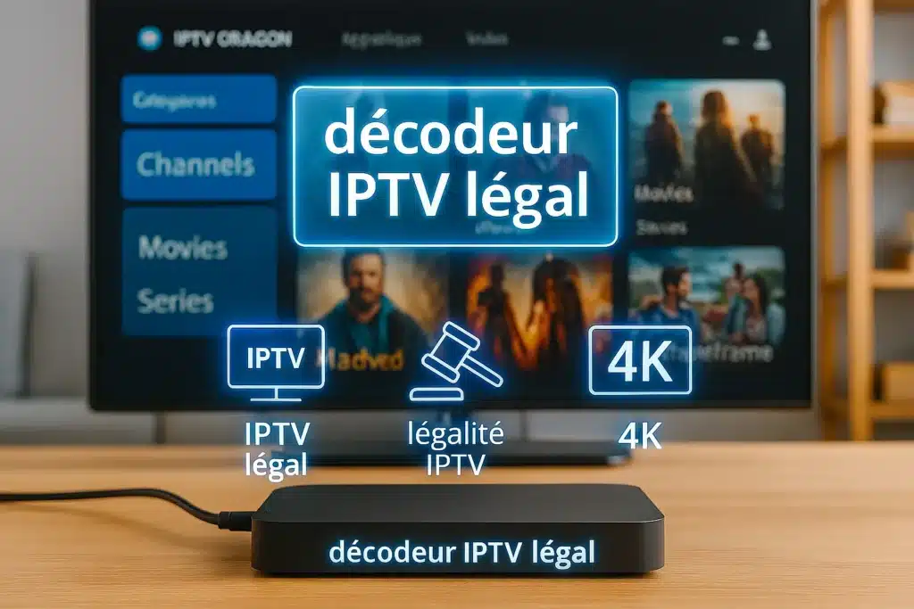 Décodeur IPTV légal connecté à une TV affichant IPTV légal France et contenu 4K UHD