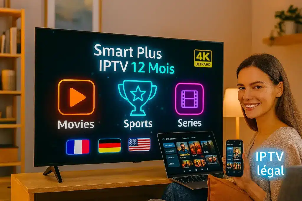 Smart Plus IPTV 12 Mois interface on 4K Smart TV streaming premium channels and movies in a modern living room.